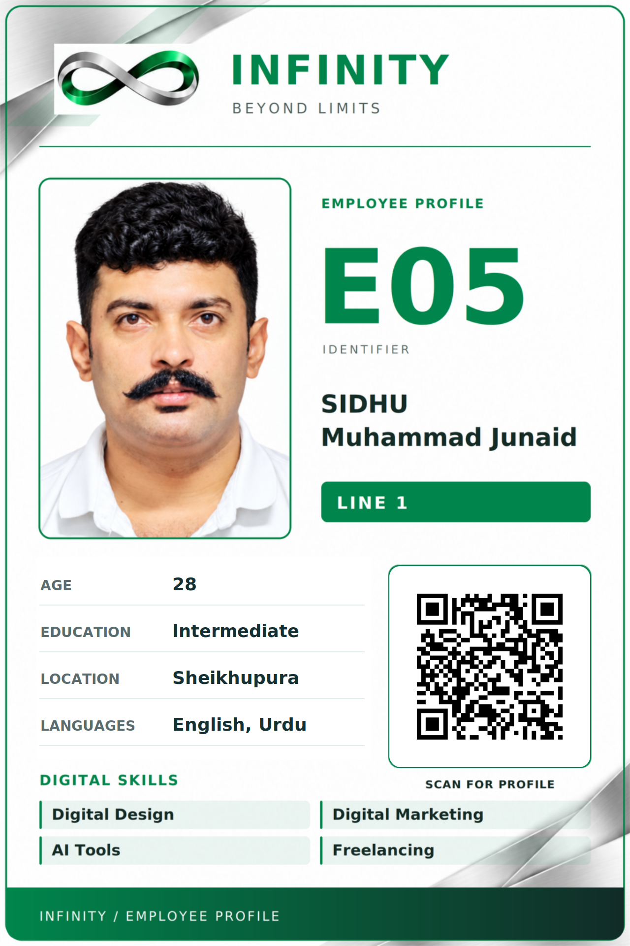 Front of INFINITY E05 employee card for Muhammad Junaid